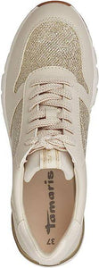 Tamaris Ivory & Gold Glitter Lace Up Trainer With Metallic Trim Laces