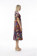 Load image into Gallery viewer, Orientique Salvador Print Crinkle Short Sleeve Godet Midi Dress with colorful floral pattern, lightweight and flowy fabric.

