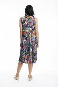 Orientique Grenada Multi Print Crinkle Sleeveless Godet Dress