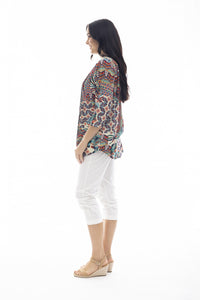 Orientique Rio Multi Print 3/4 Sleeve Front Pleat & Button Through Blouse