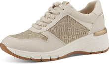 Load image into Gallery viewer, Tamaris Ivory &amp; Gold Glitter Lace Up Trainer With Metallic Trim Laces
