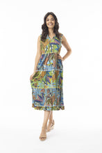 Load image into Gallery viewer, Orientique Tayrona sleeveless open neck tassel and tiered organic cotton printed dress, perfect for casual summer wear.
