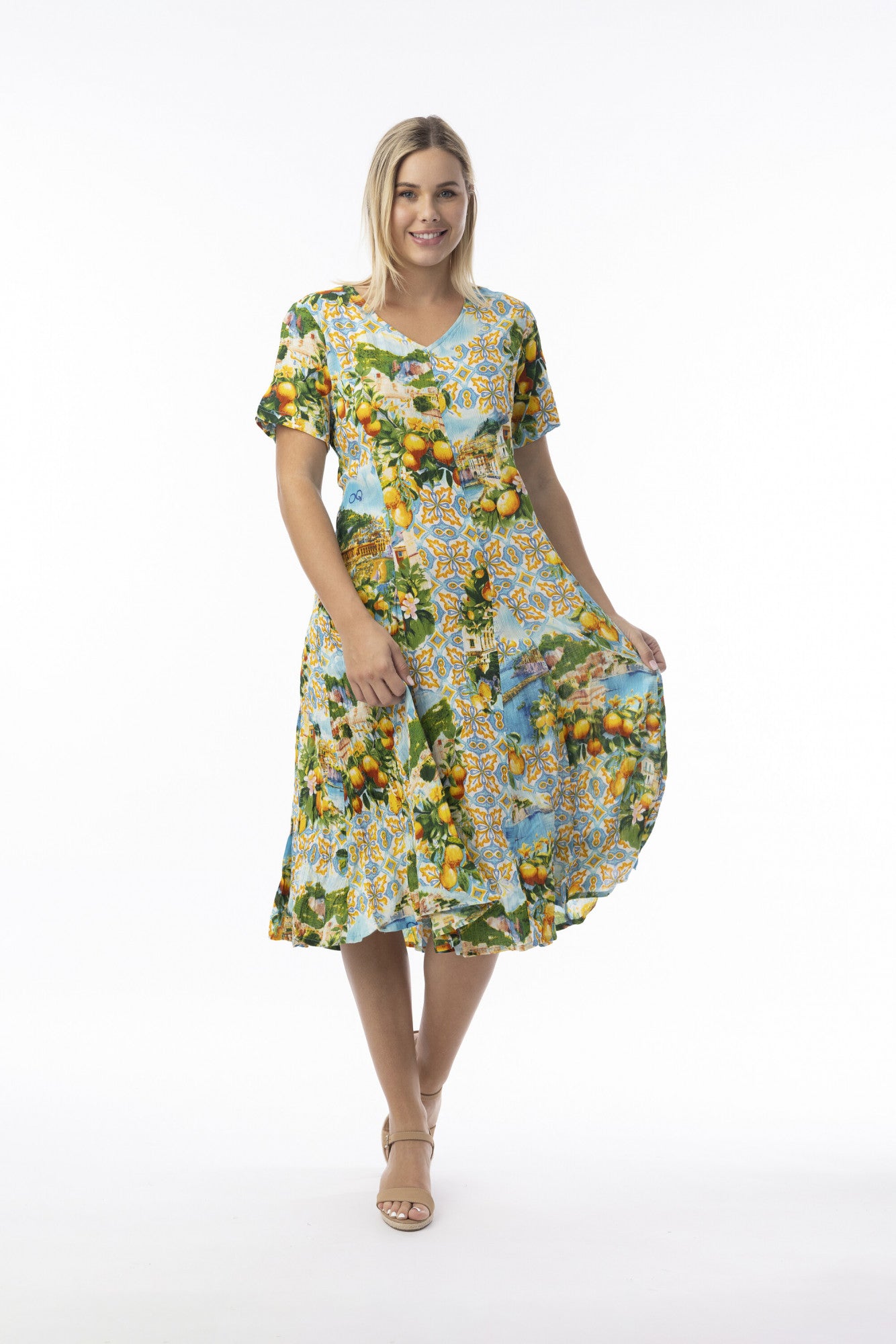 Orientique Amalfi print crinkle short sleeve godet midi dress (SS26 / S2026)
