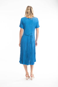 Orientique Dobby Spot Nautical Blue Crinkle Short Sleeve Godet Midi Dress