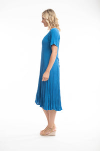 Orientique Dobby Spot Nautical Blue Crinkle Short Sleeve Godet Midi Dress