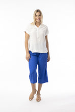 Load image into Gallery viewer, Orientique electric blue loose organic cotton and linen blend cropped trousers, relaxed fit with wide legs and comfortable waistband.
