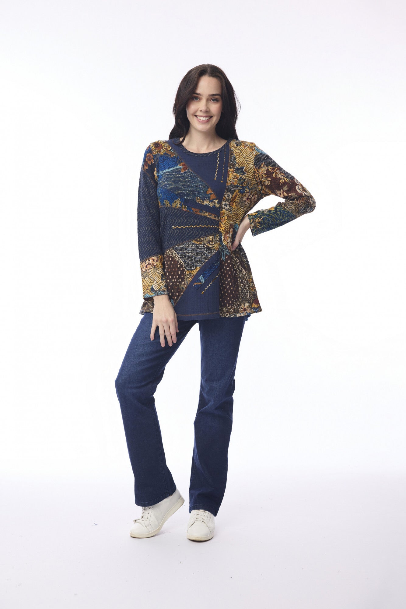 Orientique Maluka Navy Patch Textured Jersey Top styled with jeans