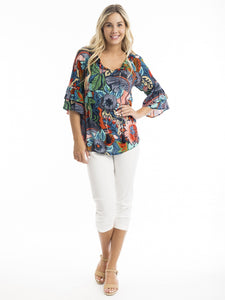 Orientique Cape Verde Frill Sleeve Boho Tassel Trim Woven Blouse