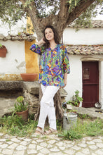 Load image into Gallery viewer, Orientique Zapallar multi-print 3/4 sleeve blouse with front pleats and buttons, featuring vibrant floral and geometric patterns.
