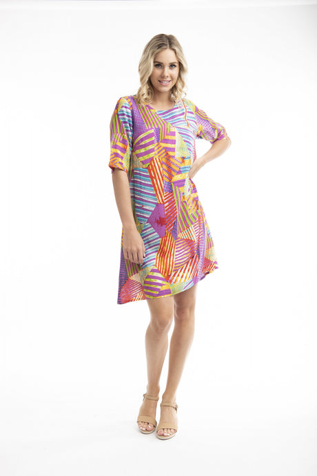 Orientique Abstract Print Elbow Sleeve Loose Flared Contemporary Dress - Boutique on the Green 