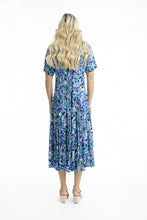 Load image into Gallery viewer, Orientique Cayman Blue Print Crinkle Short Sleeve Godet Midi Dress

