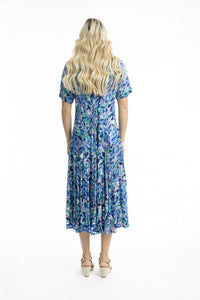 Orientique Cayman Blue Print Crinkle Short Sleeve Godet Midi Dress