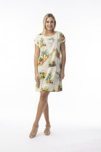 Load image into Gallery viewer, Orientique Guatemala organic cotton reversible 2-in-1 shift dress hanging on a mannequin, showcasing its vibrant pattern and style.
