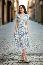 Load image into Gallery viewer, Orientique Rhodes Print Crinkle Short Sleeve Godet Midi Dress - Boutique on the Green 
