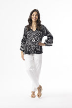 Load image into Gallery viewer, Orientique Bandana Black Printed Boho Shirred Blouse With Tassels 82228 - Boutique on the Green 
