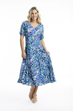 Load image into Gallery viewer, Orientique Cayman Blue Print Crinkle Short Sleeve Godet Midi Dress
