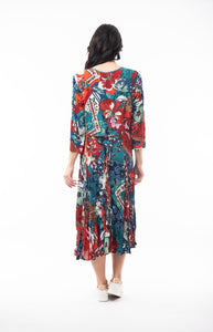Orientique Apollo Blue & Red Mix Printed Crinkle 3/4 Sleeve Godet Midi Dress - Boutique on the Green 