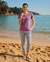 Load image into Gallery viewer, Foil Signature printed 7/8 pull-on trousers in rainforest pebble grey, featuring a comfortable elastic waistband and stylish design.
