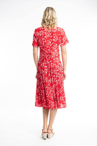 Orientique Giza Red Print Crinkle Short Sleeve Godet Midi Dress - Boutique on the Green 