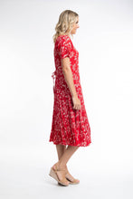 Load image into Gallery viewer, Orientique Giza Red Print Crinkle Short Sleeve Godet Midi Dress - Boutique on the Green 
