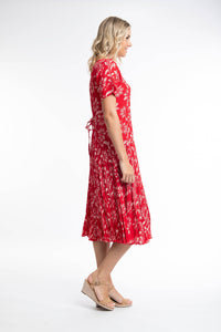 Orientique Giza Red Print Crinkle Short Sleeve Godet Midi Dress - Boutique on the Green 