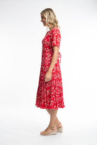 Orientique Giza Red Print Crinkle Short Sleeve Godet Midi Dress - Boutique on the Green 