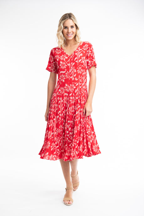 Orientique Giza Red Print Crinkled Short Sleeve Godet Midi Dress - Boutique on the Green 