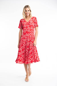 Orientique Giza Red Print Crinkle Short Sleeve Godet Midi Dress - Boutique on the Green 