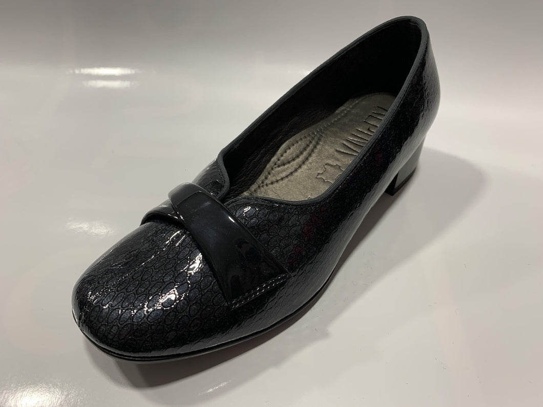 Navy patent croc low hee court shoe with front detail