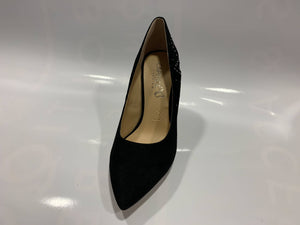 Black suede leather pointed high heel with star & stud heel trim detail