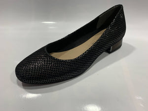 Black suede silver mesh print slip on ballet shoe
