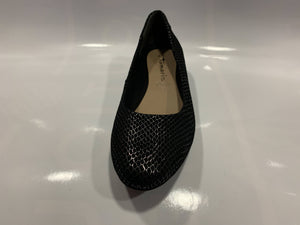 Black suede silver mesh print slip on ballet shoe
