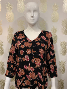 B Young Black with copper floral print loose woven top 3/4 sleeve & v-neck