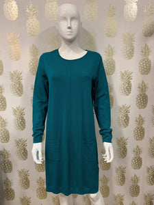 Fine knit stretch pull on tunic dress with long sleeve round neck & front patch pockets