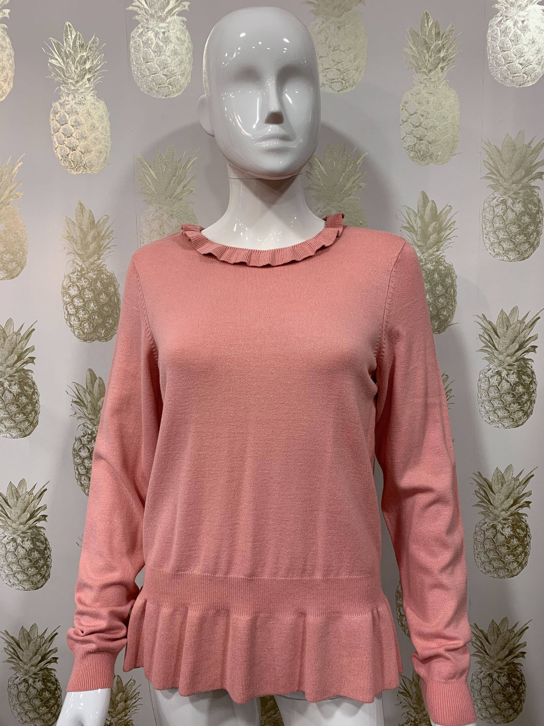 Pale pink fine knit stretch jumper with frill neck detail & frill peplum hem - Boutique on the Green 