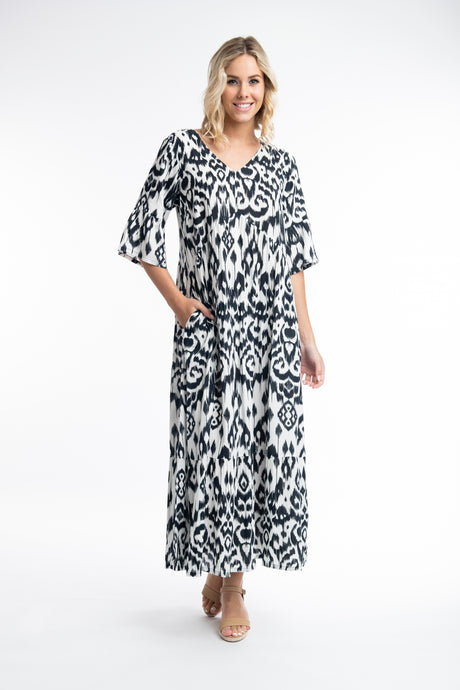 Orientique Izmir Green Printed Elbow Bell Sleeve Viscose Woven Maxi Dress - Boutique on the Green 