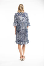 Załaduj obraz do przeglądarki galerii, Orientique Leros Navy Printed Organic Cotton 3/4 Sleeve Crinkle Woven Dress With Tassels
