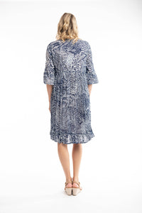 Orientique Leros Navy Printed Organic Cotton 3/4 Sleeve Crinkle Woven Dress With Tassels