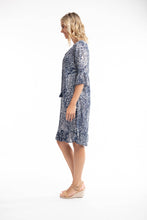 Load image into Gallery viewer, Orientique Leros Navy Printed Organic Cotton 3/4 Sleeve Crinkle Woven Dress With Tassels
