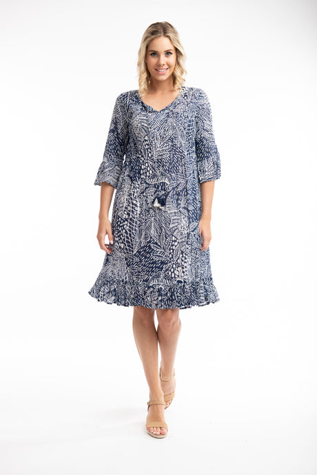 Orientique Leros Navy Printed Organic Cotton 3/4 Sleeve Woven Dress With Tassels - Boutique on the Green 