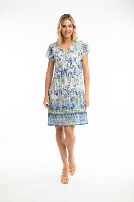 Orientique Rhodes Printed Easy Fit Organic Cotton Short Sleeve Crinkle Woven Dress - Boutique on the Green 