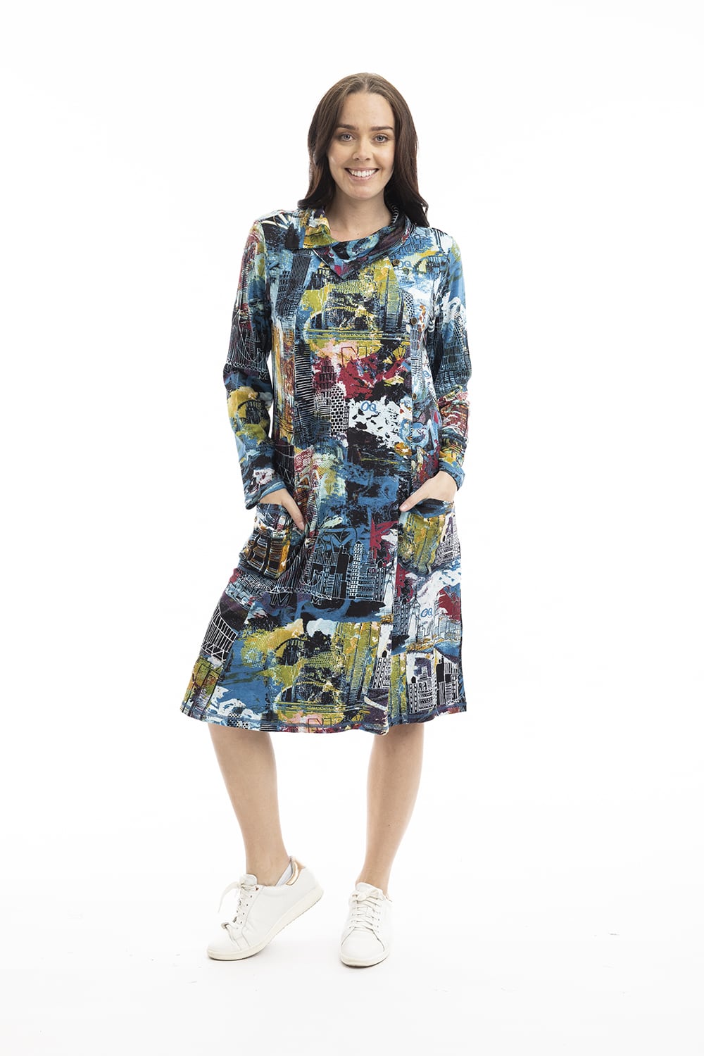 Orientique New York Princess Panel Long Sleeve Jersey Dress 20084 showing the artistic printed dress trend for 2026