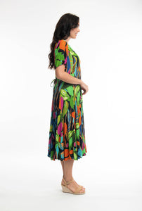 Orientique Nicossia Print Crinkle Short Sleeve Godet Midi Dress