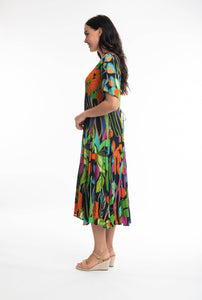 Orientique Nicossia Print Crinkle Short Sleeve Godet Midi Dress