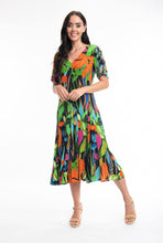 Load image into Gallery viewer, Orientique Nicossia Print Crinkle Short Sleeve Godet Midi Dress
