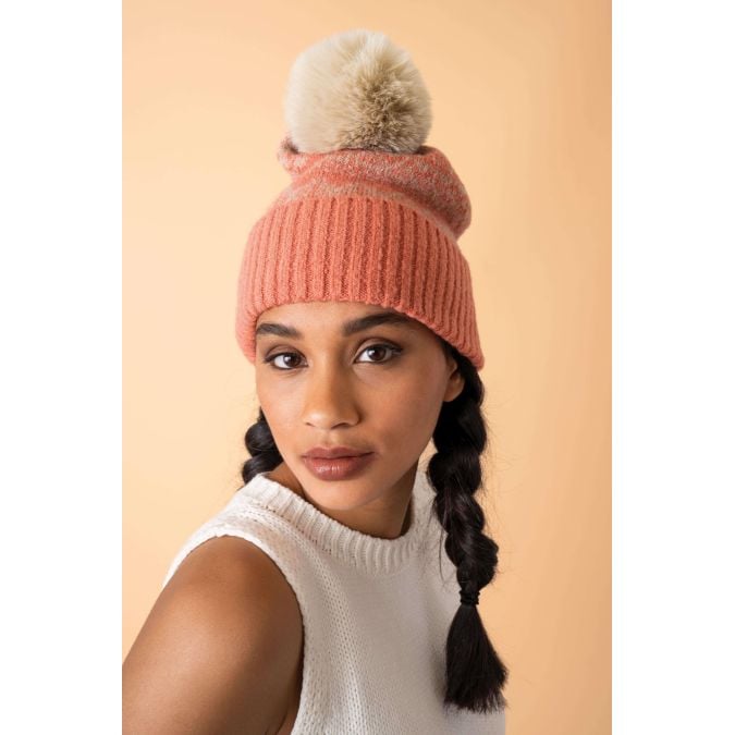 Powder Patterned Thora Bobble Hat - Coral & Taupe - Boutique on the Green 