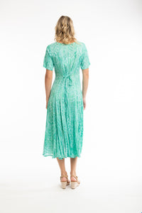Orientique Olympus Blue Print Crinkled Short Sleeve Godet Midi Dress - Boutique on the Green 