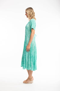 Orientique Olympus Blue Print Crinkle Short Sleeve Godet Midi Dress