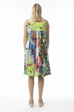 Load image into Gallery viewer, Back view of Orientique Leaves Blue printed organic cotton dress with pleated front and crinkle fabric, perfect for casual wear.
