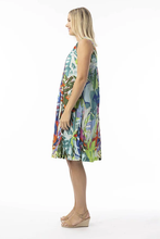 Load image into Gallery viewer, Side view of Orientique Leaves Blue printed organic cotton dress with pleated front and crinkle texture, perfect for casual wear.
